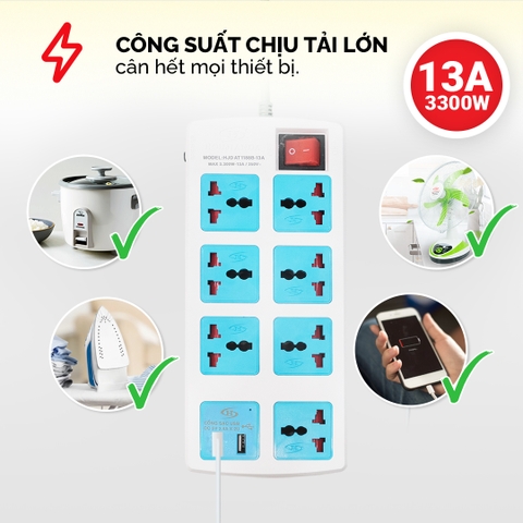 Ổ cắm điện Honjianda Mã 11 - công suất tối đa 3300W, tích hợp cổng USB đa năng, có nắp che an toàn cho trẻ em