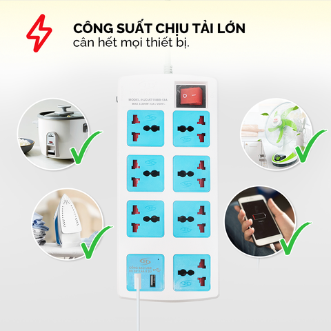 Ổ cắm điện Honjianda Mã 11 - công suất tối đa 3300W, tích hợp cổng USB đa năng, có nắp che an toàn cho trẻ em