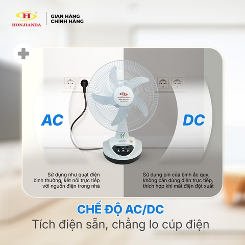 Quạt Sạc Tích Điện để bàn AC&DC 14 inch Honjianda FL314 1-2 pin - có đèn LED & USB