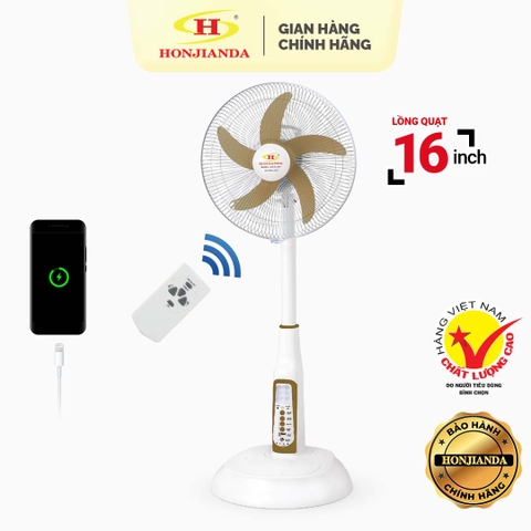 Quạt sạc tích điện AC/DC 16 inch Honjianda FL-601 - có remote điều khiển, đèn LED hỗ trợ cúp điện