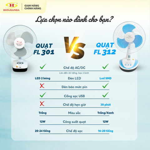 Quạt sạc tích điện Honjianda FL312 - lồng quạt 12 inch, 2 bình ắc quy
