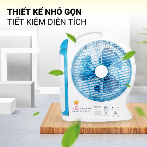 Quạt sạc tích điện dạng hộp Honjianda FL101 - lồng quạt 8 inch, có tích hợp đèn LED hỗ trợ cúp điện