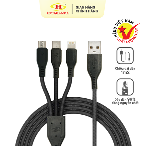 Dây sạc USB Honjianda 3 trong 1 đầu ra USB-C, Micro-USB, Lighnig - sạc điện thoại, các thiết bị thông minh, dây dài 1m2