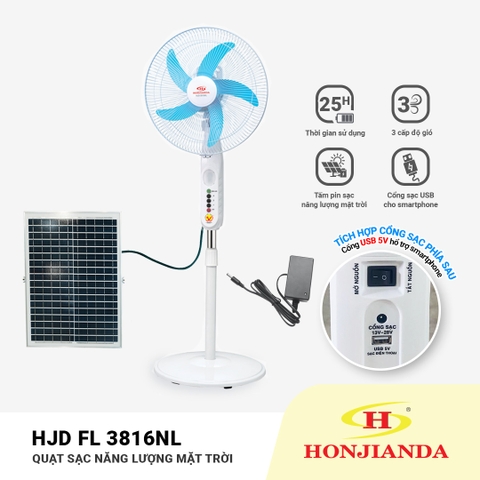 Quạt sạc năng lượng mặt trời AC/DC Honjianda FL3816/3616 - có kèm tấm năng lượng mặt trời