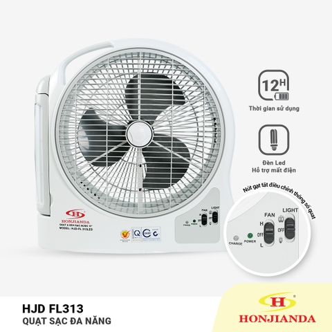 Quạt sạc tích điện dạng hộp Honjianda FL313 - tích hợp đèn LED hỗ trợ cúp điện