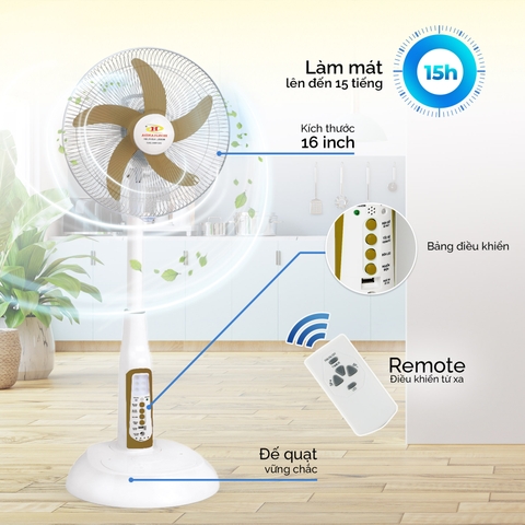 Quạt sạc tích điện AC/DC 16 inch Honjianda FL-601 - có remote điều khiển, đèn LED hỗ trợ cúp điện