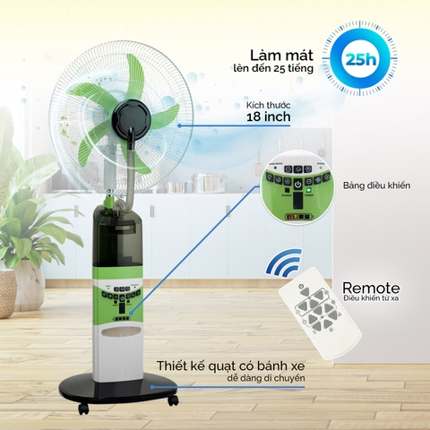 Quạt sạc tích điện hơi nước Honjianda 918PS - chế độ gió tự nhiên, lồng quạt 18 inch, có bánh xe di chuyển tiện lợi