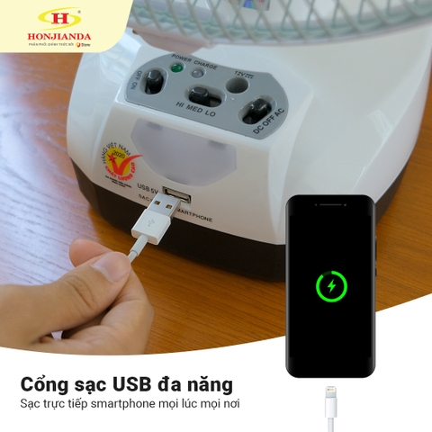 Quạt sạc tích điện Honjianda HJD FL301 - lồng quạt 12 inch, có tích hợp đèn LED hỗ trợ cúp điện
