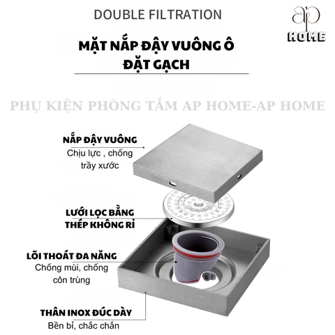 Phễu thoát sàn INOX đúc vuông ô gạch 10x10 và 12x12cm màu xám đen chống hôi chống côn trùng BẠC 10x10,Nhựa nắp đậy Ø42-60
