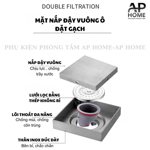 Phễu thoát sàn INOX đúc vuông ô gạch 10x10 và 12x12cm màu xám đen chống hôi chống côn trùng BẠC 12x12,Inox đầu đạn Ø42-60