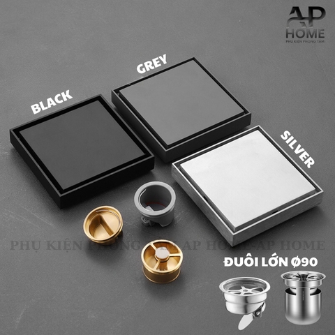 Phễu thoát sàn INOX đúc vuông ô gạch 10x10 và 12x12cm màu xám đen chống hôi chống côn trùng XÁM 12x12,INOX đầu đạn lớn Ø90