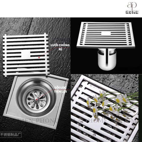 Phễu thoát sàn chống hôi chống côn trùng lưới INOX 304 đúc loại dày - Lưới bóng 12x12 Inox đầu đạn lớn