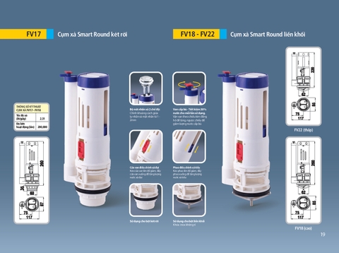 Bộ Xả Bồn Cầu Cao Cấp 3WIN SMART ROUND Nút Nhấn Bồn Cầu 1 khối 2 khối- Nhựa Hùng Anh