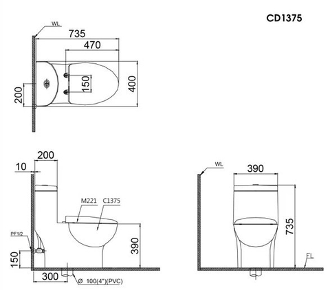 Bồn cầu 1 khối xả nhấn ôi nắp êm CAESAR (C1375C-PW) CD1375