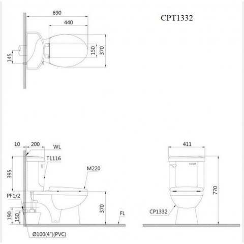 Bồn Cầu 2 Khối Xả Gạt Thoát Ngang Nắp Êm CAESAR CPT1332