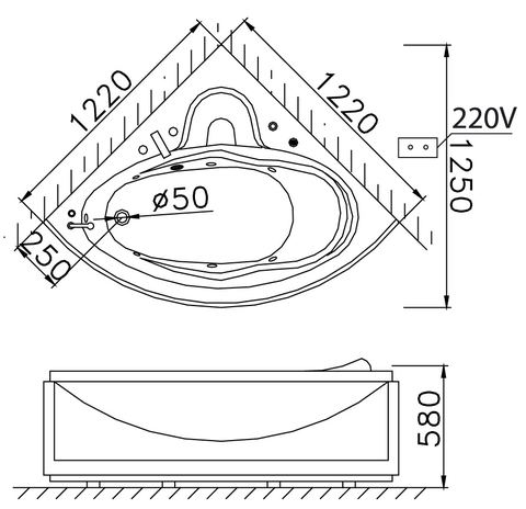 Bồn tắm góc massage không chân yếm 1220cm CAESAR MT5120A