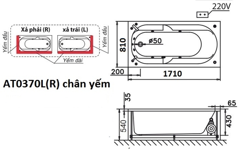 Bồn Tắm Chân Yếm Trái 1700cm CAESAR AT0370L(R)