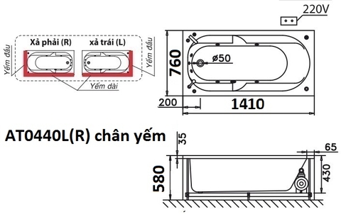 Bồn Tắm Chân Yếm Trái 1400cm CAESAR AT0440L(R)