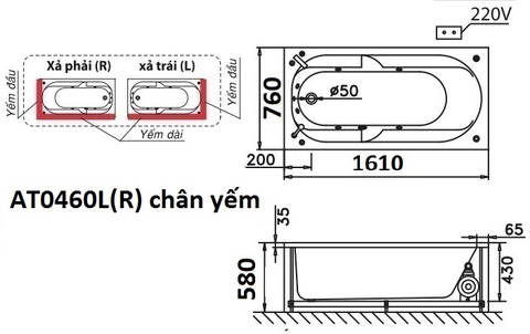Bồn Tắm Chân Yếm Trái 1600cm CAESAR AT0460L(R)