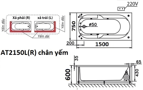Bồn Tắm Yếm Trái 1500cm CAESAR AT2150L(R)