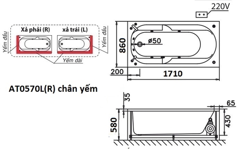 Bồn Tắm Chân Yếm Trái 1700cm CAESAR AT0570L(R)