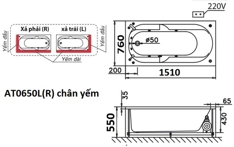 Bồn Tắm Chân Yếm Trái 1500cm CAESAR AT0650L(R)