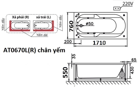 Bồn Tắm Chân Yếm Trái 1700cm CAESAR AT0670L(R)