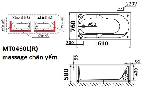 Bồn Tắm Massage 1610cm Chân Yếm Trái CAESAR MT0460L(R)