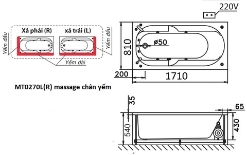 Bồn Tắm Chân Yếm Trái CAESAR 1710cm MT0270L(R)