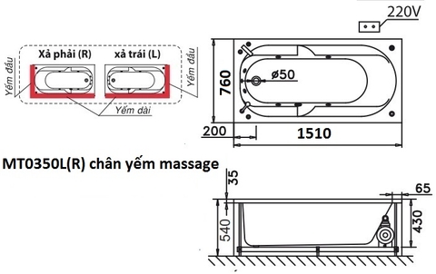 Bồn Tắm Chân Yếm trái 1510cm CAESAR MT0350L(R)