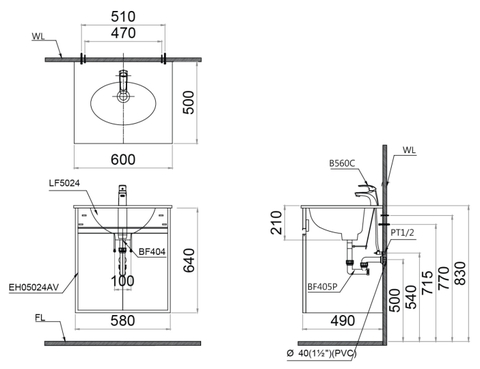 Tủ chậu lavabo Treo Tường CAESAR (Chưa gồm Lavabo) EH05024ASV