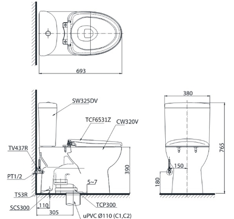 Bồn Cầu 2 Khối Nắp Điện Tử TOTO CS325DRW6
