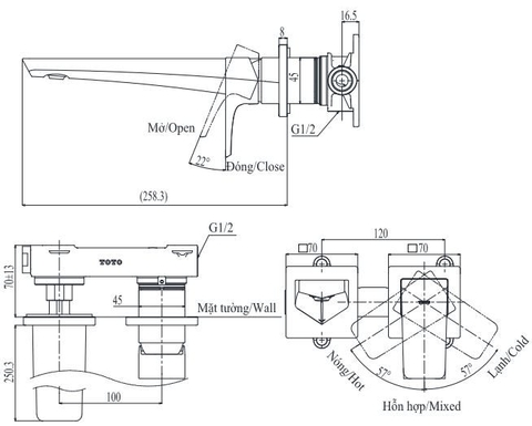 Vòi Lavabo TOTO TLG07308B Nóng Lạnh Gắn Tường