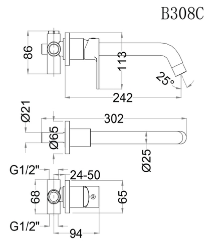 Vòi Nóng Lạnh Lavabo Âm tường CAESAR B308C