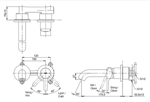 Vòi Lavabo TOTO TLS01309B Nóng Lạnh Gắn Tường