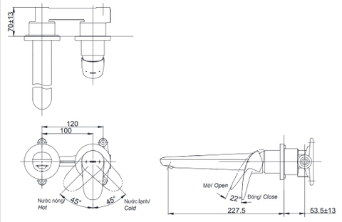 Vòi Lavabo TOTO TLS03308B Nóng Lạnh Gắn Tường
