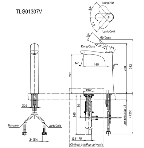 Vòi Lavabo TOTO TLG01307V Nóng Lạnh Thân Cao