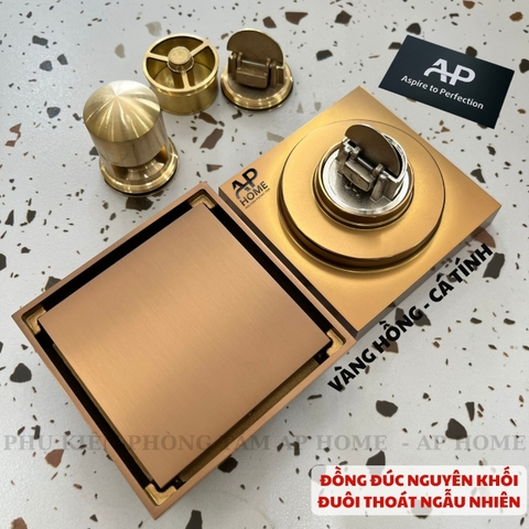 Phễu thu sàn đồng thau đúc nguyên khối mặt vuông nhiều màu lỗ thoát ống 60 90  -  Vàng hồng,10x10cm