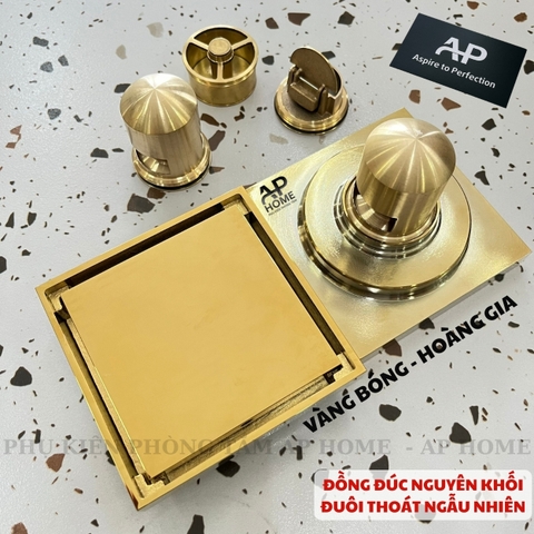 Phễu thu sàn đồng thau đúc nguyên khối mặt vuông nhiều màu lỗ thoát ống 60 90  -  Vàng bóng,10x10cm