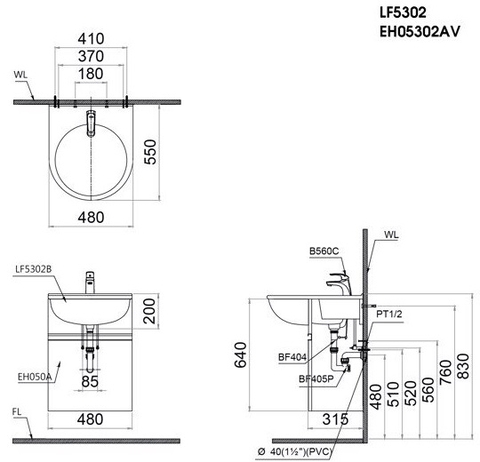 Bộ Tủ chậu lavabo Treo Tường CAESAR LF5302+EH05302AV