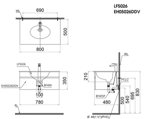 Tủ chậu lavabo Treo Tường CAESAR (Chưa gồm Lavabo) EH05026DDV