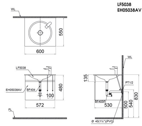 Bộ Tủ chậu lavabo Treo Tường CAESAR LF5038+EH05038AV