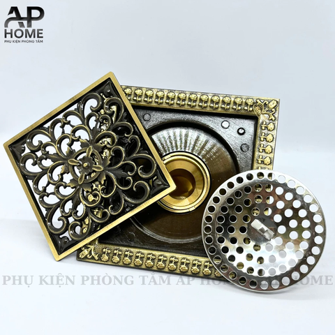 Phễu thoát sàn đồng hoa văn cổ điển kích thước 12x12cm -  Kiểu1 - 10x10cm
