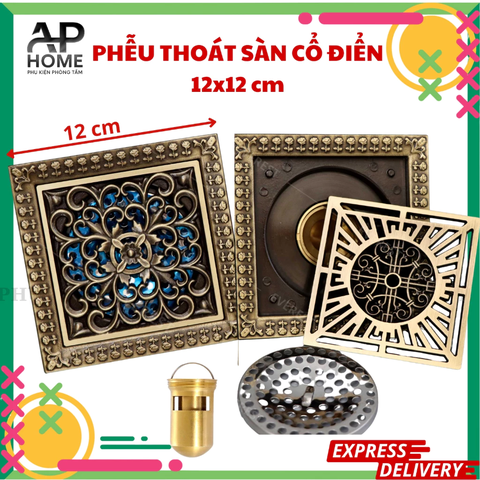 Phễu thoát sàn đồng hoa văn cổ điển kích thước 12x12cm -  12x12cm