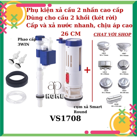 Bộ Xả Bồn Cầu Cao Cấp 3WIN SMART ROUND Nút Nhấn Bồn Cầu 1 khối 2 khối- Nhựa Hùng Anh