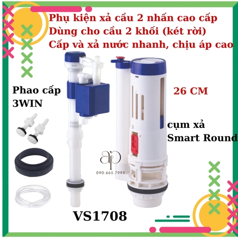 Bộ Xả Bồn Cầu Cao Cấp 3WIN SMART ROUND Nút Nhấn Bồn Cầu 1 khối 2 khối- Nhựa Hùng Anh