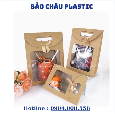 Túi hộp đựng món quà nguyên liệu giấy Kraft một mặt trong quãng có tay xách đính nơ