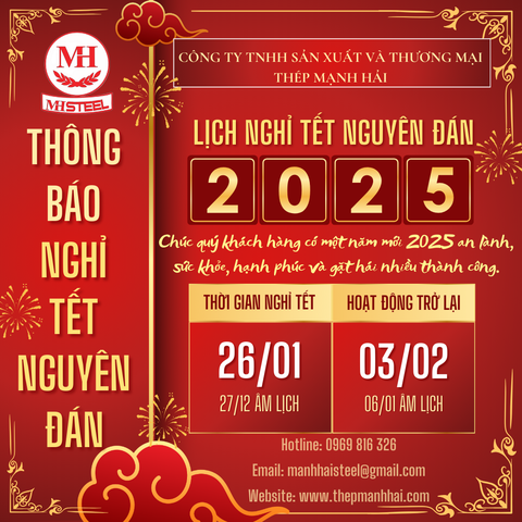 THÔNG BÁO LỊCH NGHỈ TẾT NGUYÊN ĐÁN ẤT TỴ 2025 | THÉP MẠNH HẢI | MẪU THÔNG BÁO NGHỈ TẾT 2025