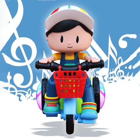 Đồ chơi em bé lái xe đạp 3 bánh quay 360 độ có đèn nhạc vui nhộn cho bé đồ chơi shipper bé trai đi xe xích lô biểu diễn