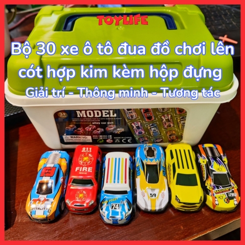 Bộ xe ô tô đua đồ chơi lên cót hợp kim 30 chi tiết kèm hộp đựng, thùng đồ chơi ô tô nhiều màu cho bé TOYLIFE